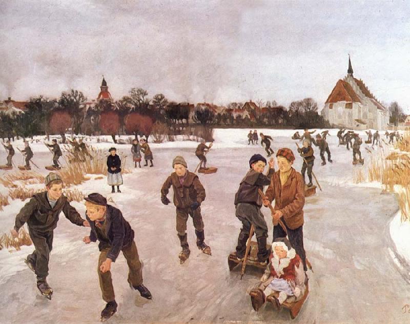 Ole Peter Hansen Balling Pa ice out the village. Faborg oil painting image